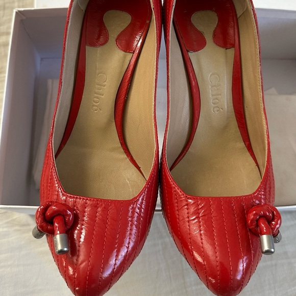 VINTAGE CHLOE LUXURY LEATHER DESIGNER HEELS in Coral Designer Pumps Size 37/6.5 - Picture 9 of 12